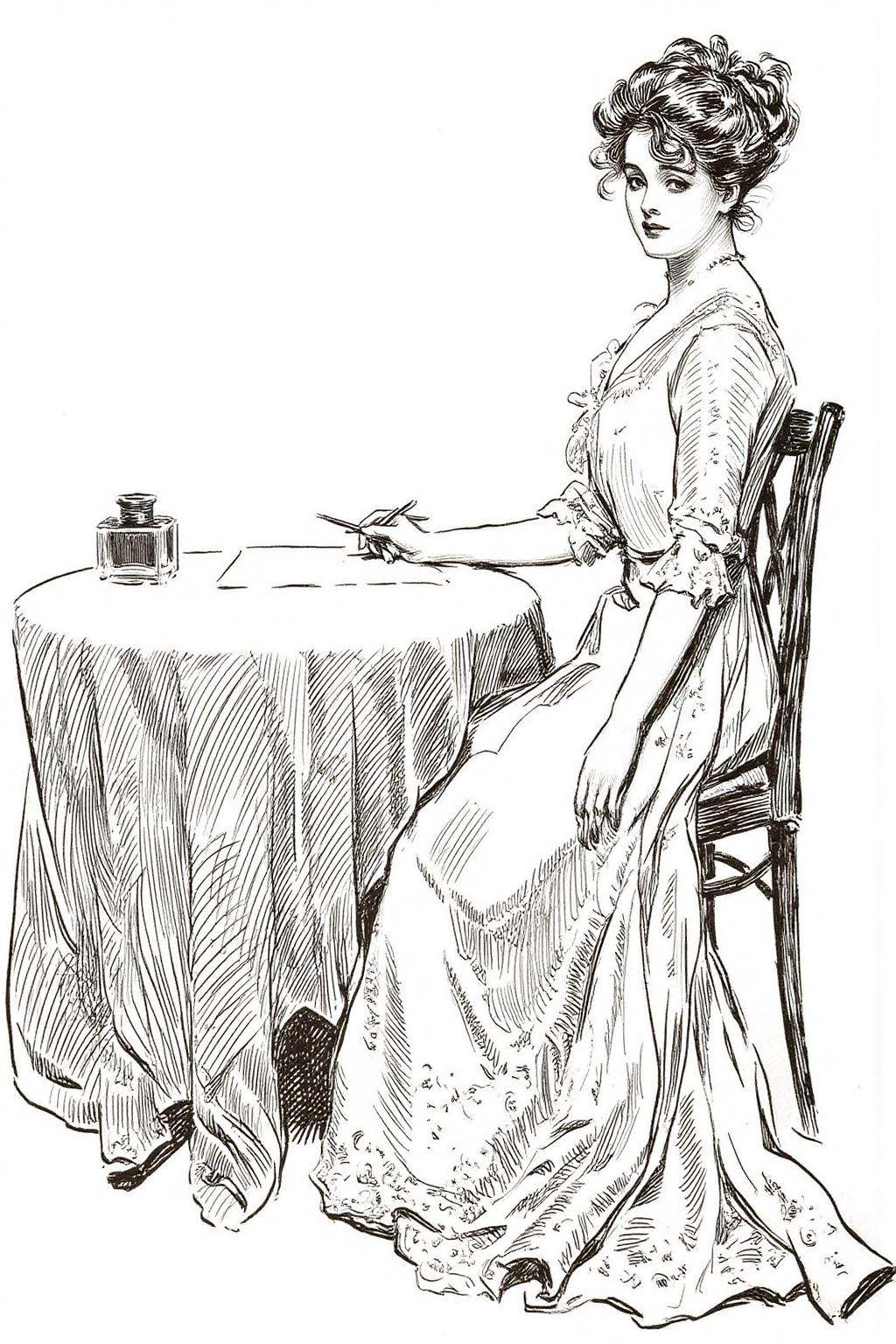 charlesdgibson1 color illustration.On the right is a young woman sitting at a round table. She is dressed in an elegant,...