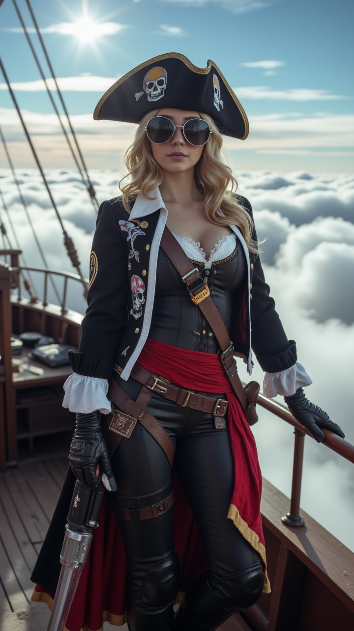 A 26-year-old woman in a Sky Pirate outfit,  with a pirate hat,  goggles on Tensor.Art