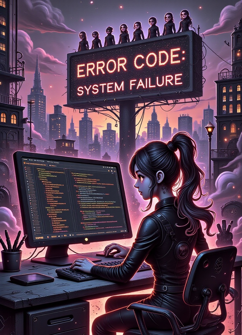 In a dystopian cityscape at sunrise with a massive digital billboard in the background reading "ERROR CODE: SYSTEM FAILURE...
