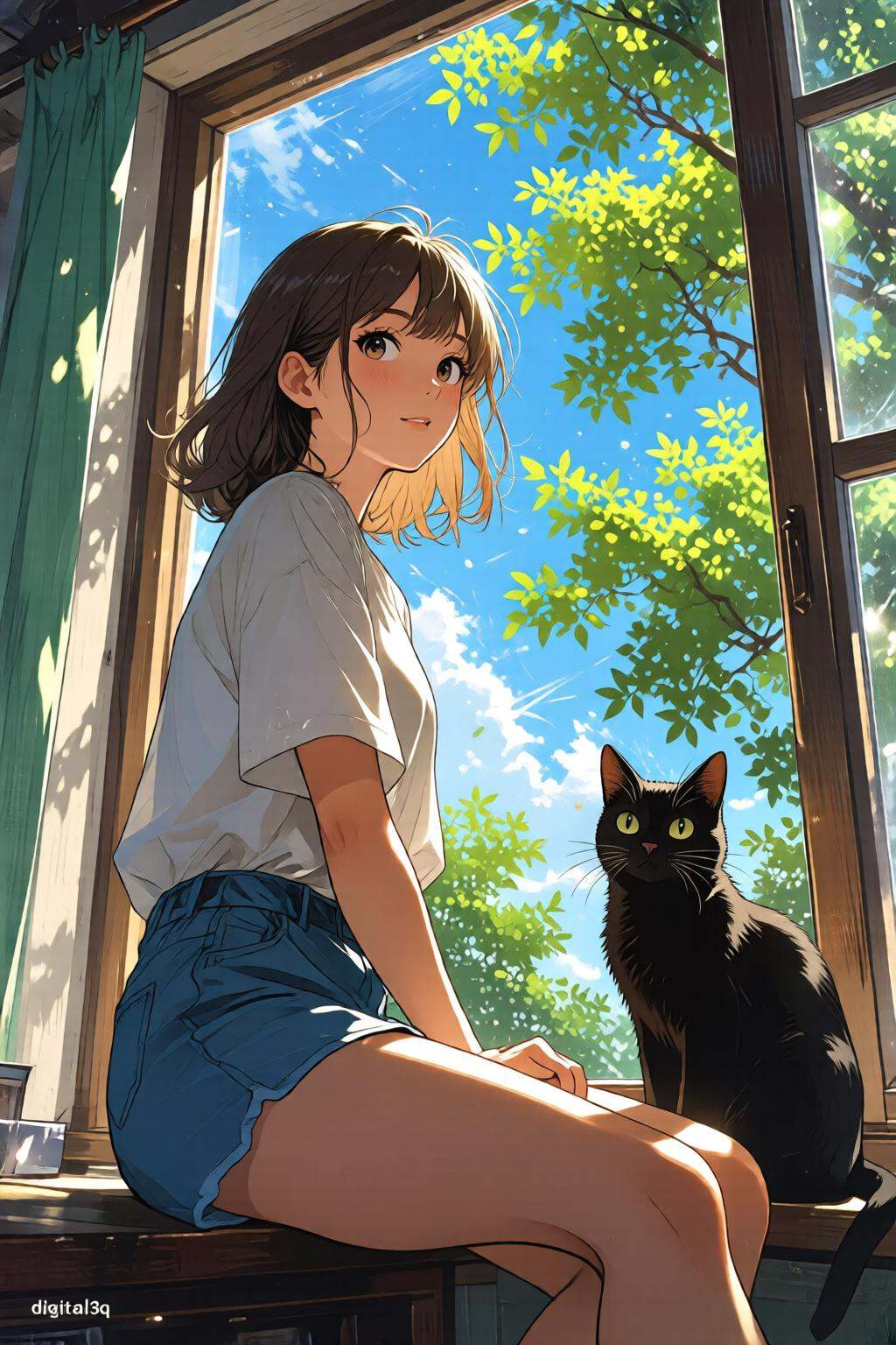 nijidigital3q anime illustration.Low-angle view of a young woman,  shown in side profile,  sitting by a window. She is loo...