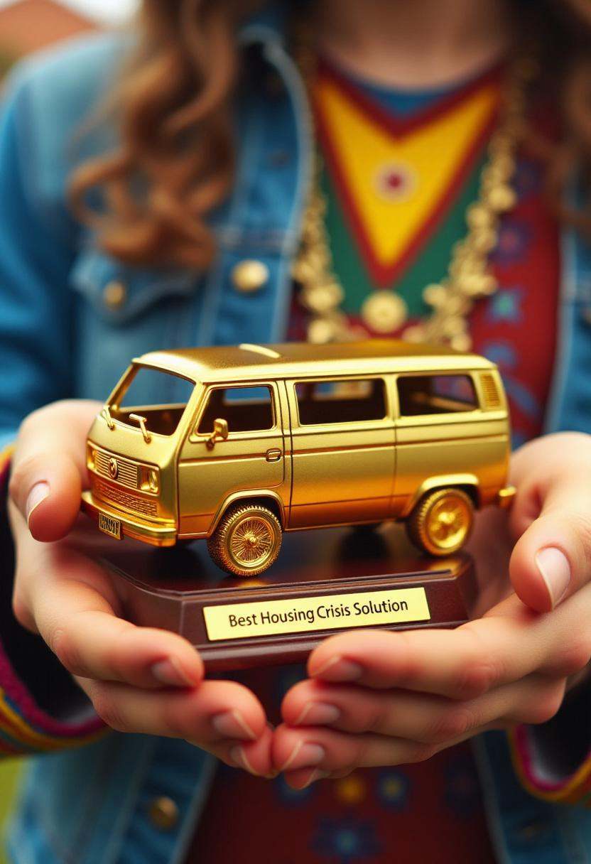 Photograph featuring a stylized,  golden miniature van trophy held in the palm of a hippie's hands. The van,  rendered in...