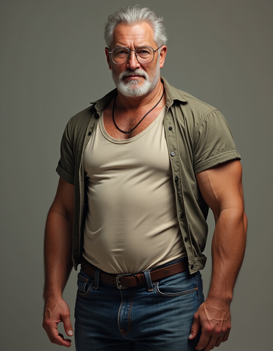 (masterpiece realistic:1.2),best quality,masterpiece,original,extremely detailed <lora:FLUX_CNfruta:0.8>1boy,old male, facial hair, muscular male, mustache, navel, old man, t-shirt,jeans,