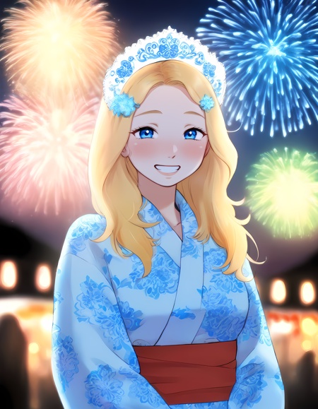 b1ngd4k,  1girl wearing a colorful yukata,  smiling happily at a lively night festival on Tensor.Art