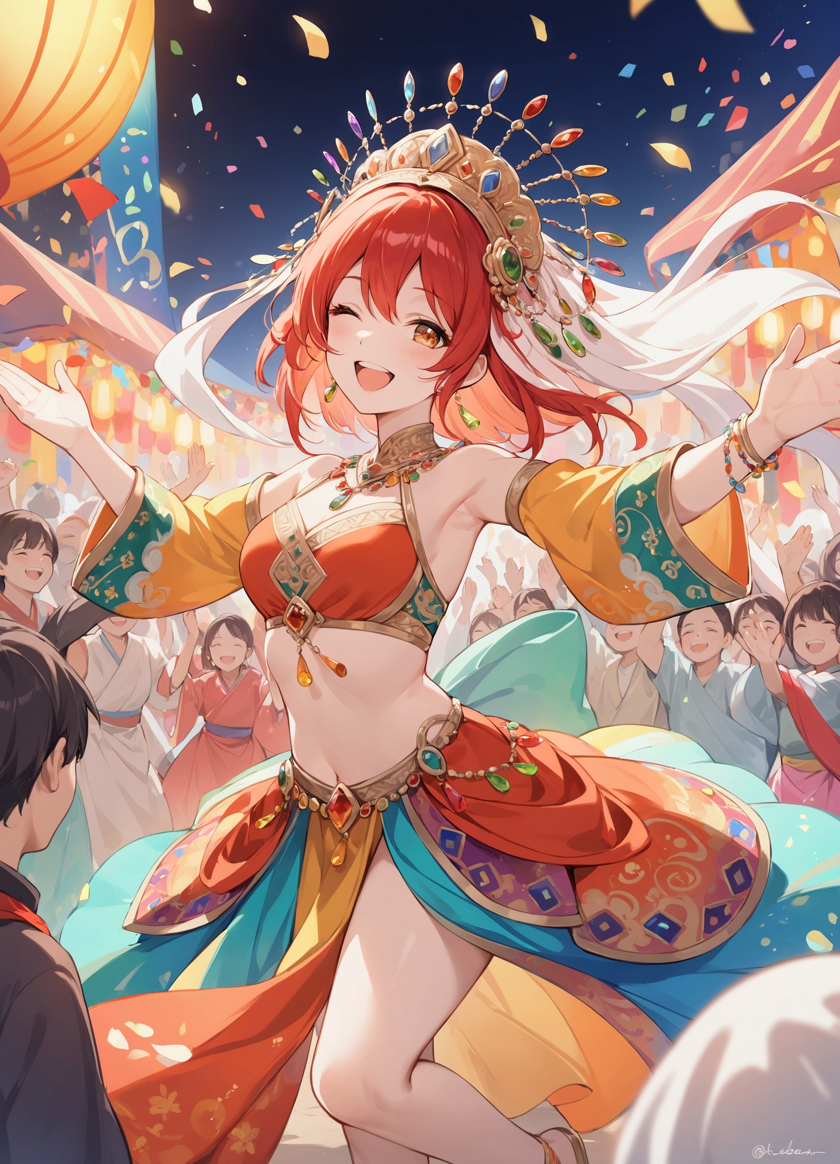 At a lively festival celebration, a dancer in traditional attire twirls gracefully among the crowd. Her costume is a riot of colors, and her headdress is adorned with sparkling gems. Music fills the air, and the laughter and applause of people blend together, creating a scene brimming with joy and vitality.