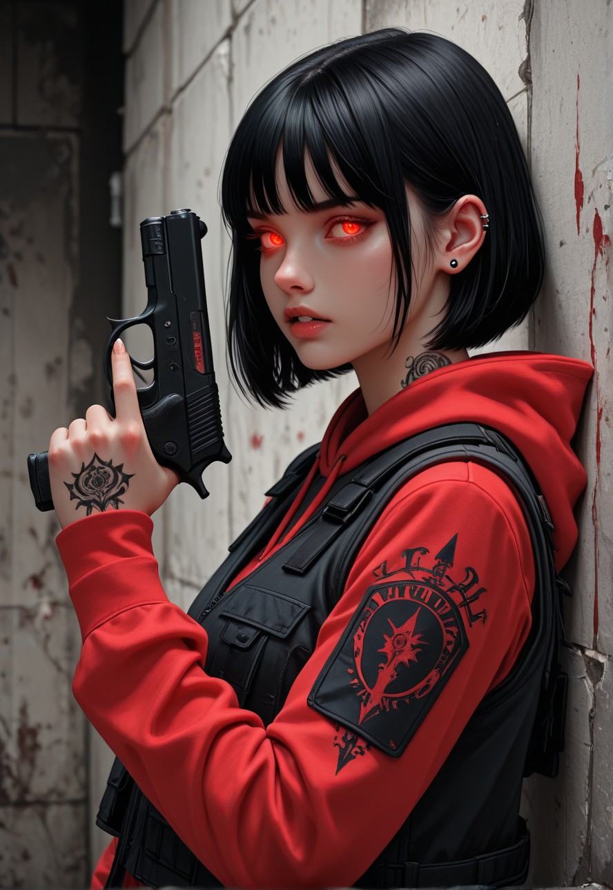 1girl,  weapon,  black hair on Tensor.Art