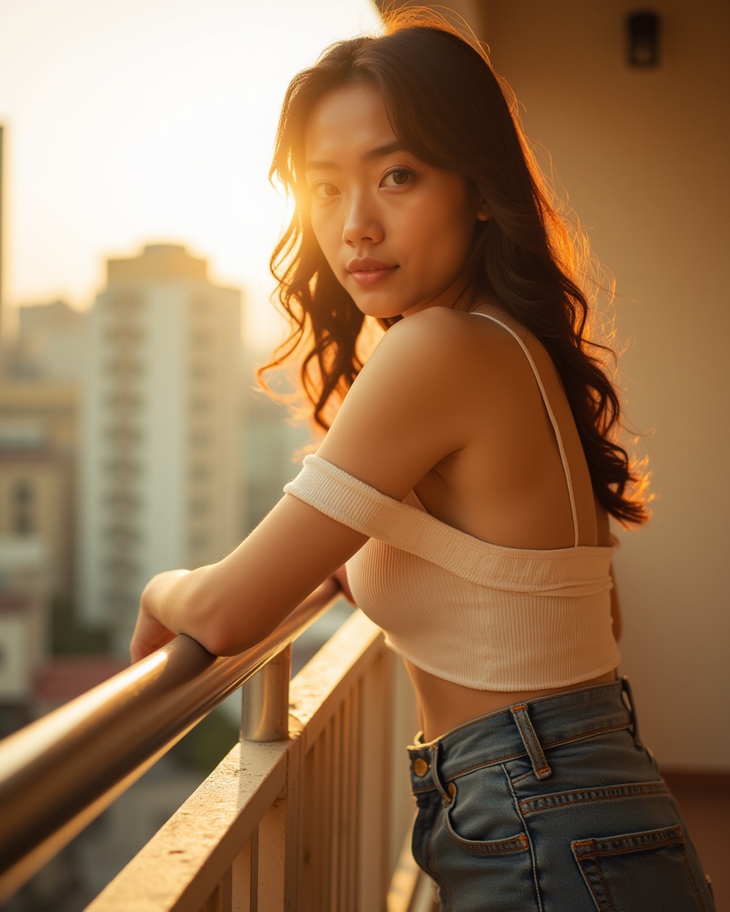 An Instagram-style photo filled with sunlight,  depicting a young asian beauty. She is wearing a fashionable off-the-shoul...