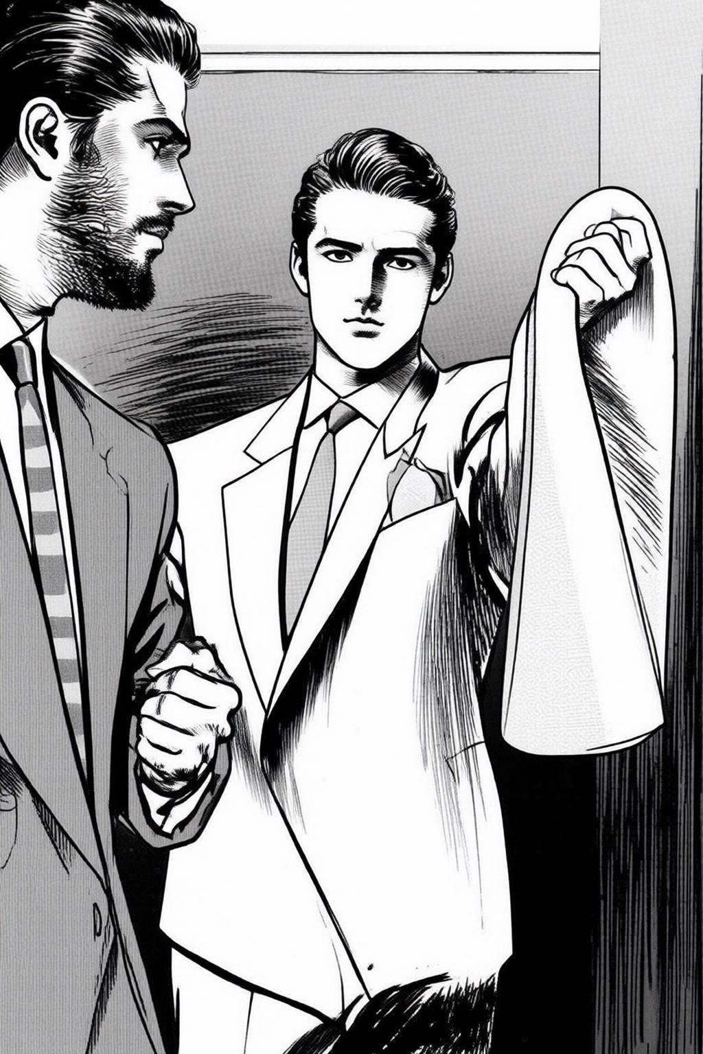 ryoichiikegami2q illustration. Black and white drawing.Two men standing indoors,  possibly in a hallway or corridor. The m...