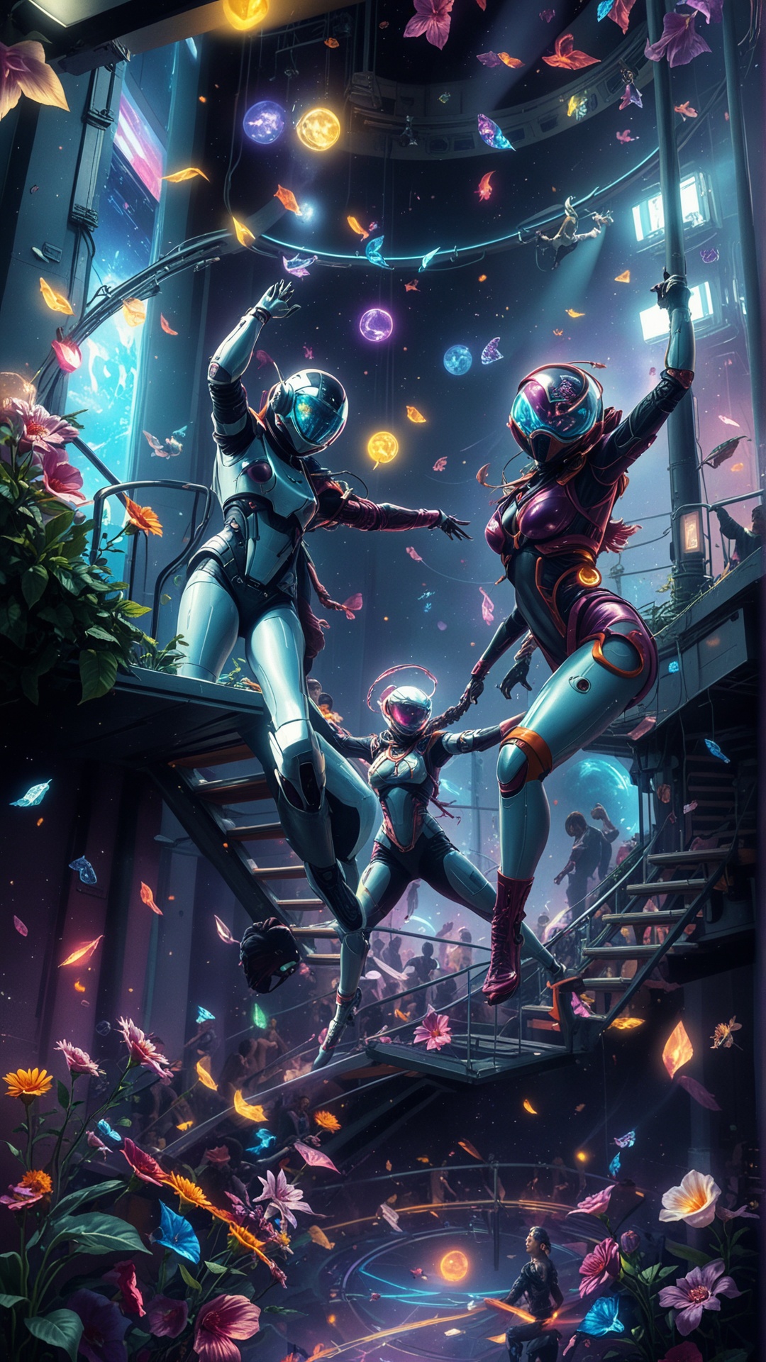 Fl0w3rGr0wnStyle Digital art of a futuristic dance party in a zerogravity club,  people floating and dancing on an infinit...