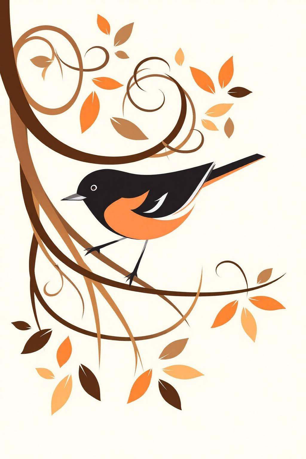 vector art.A black and orange bird perched on a curved brown branch. The bird has an orange breast and white eye markings....