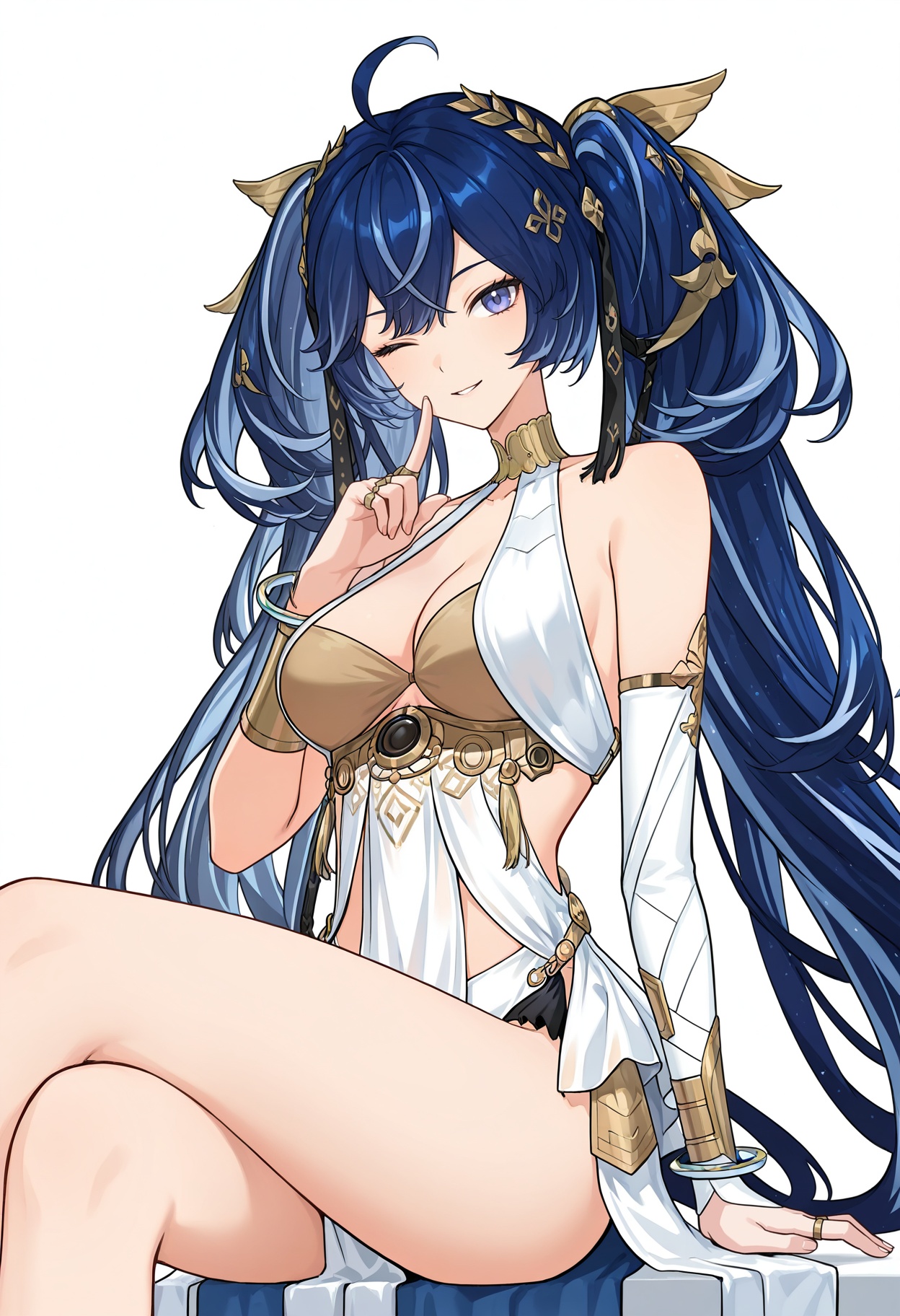 <lora:Younuo (wuthering waves)_Illustrious-000112:1>,Younuo \(wuthering waves\),solo,breasts,long hair,dress,looking at viewer,jewelry,white dress,smile,bare shoulders,bracelet,very long hair,hair ornament,medium breasts,ahoge,multicolored hair,parted lips,detached sleeves,cleavage,white_background,blue hair,belly,cowboy_shot,single sleeve,sitting,crossed_legs,seductive_smile,shushing,wink,