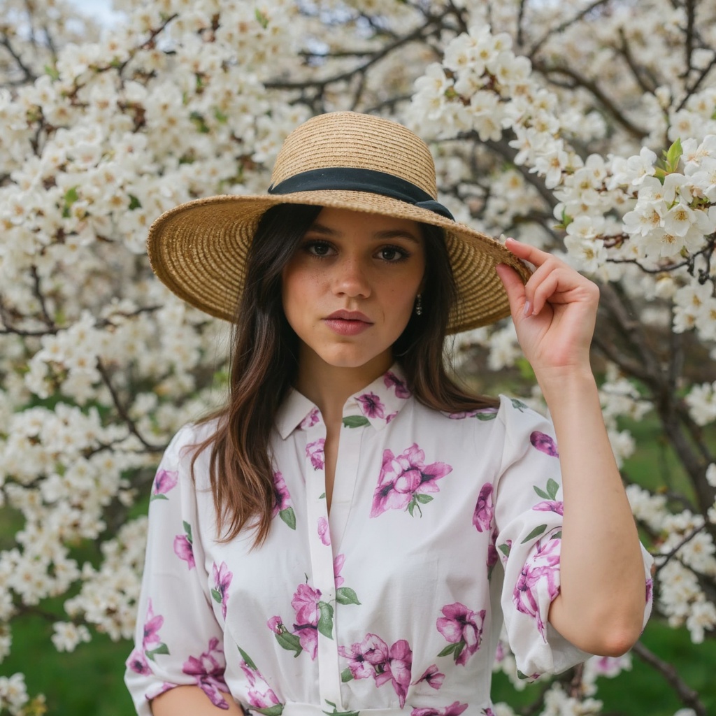 A portrait of jenna_ortega standing in a blossoming garden. She wears a wide-brimmed straw hat and a floral-patterned blou...