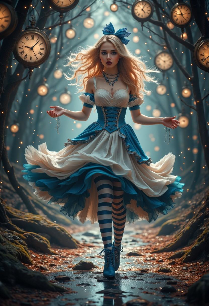 Create a captivating fantasy portrait of a woman inspired by ‘Alice in Wonderland’. She features a fair complexion and her...