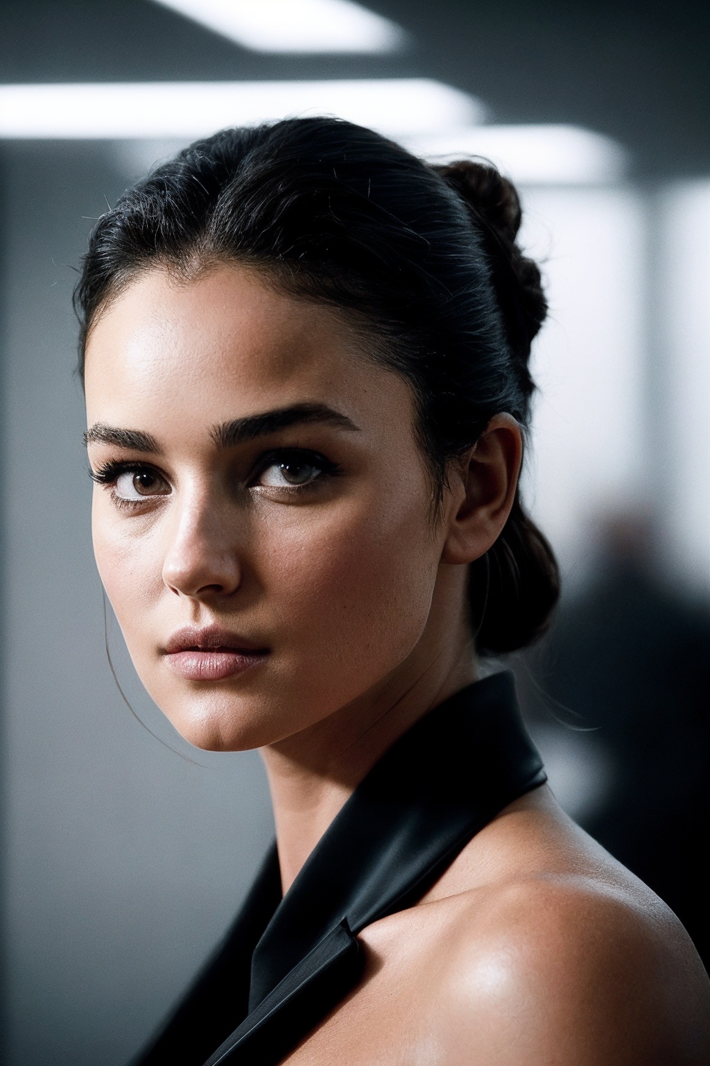 MonicaB_SoloTI_v1,  (In a sharply tailored,  dark-colored business suit with a blouse peeking out on Tensor.Art