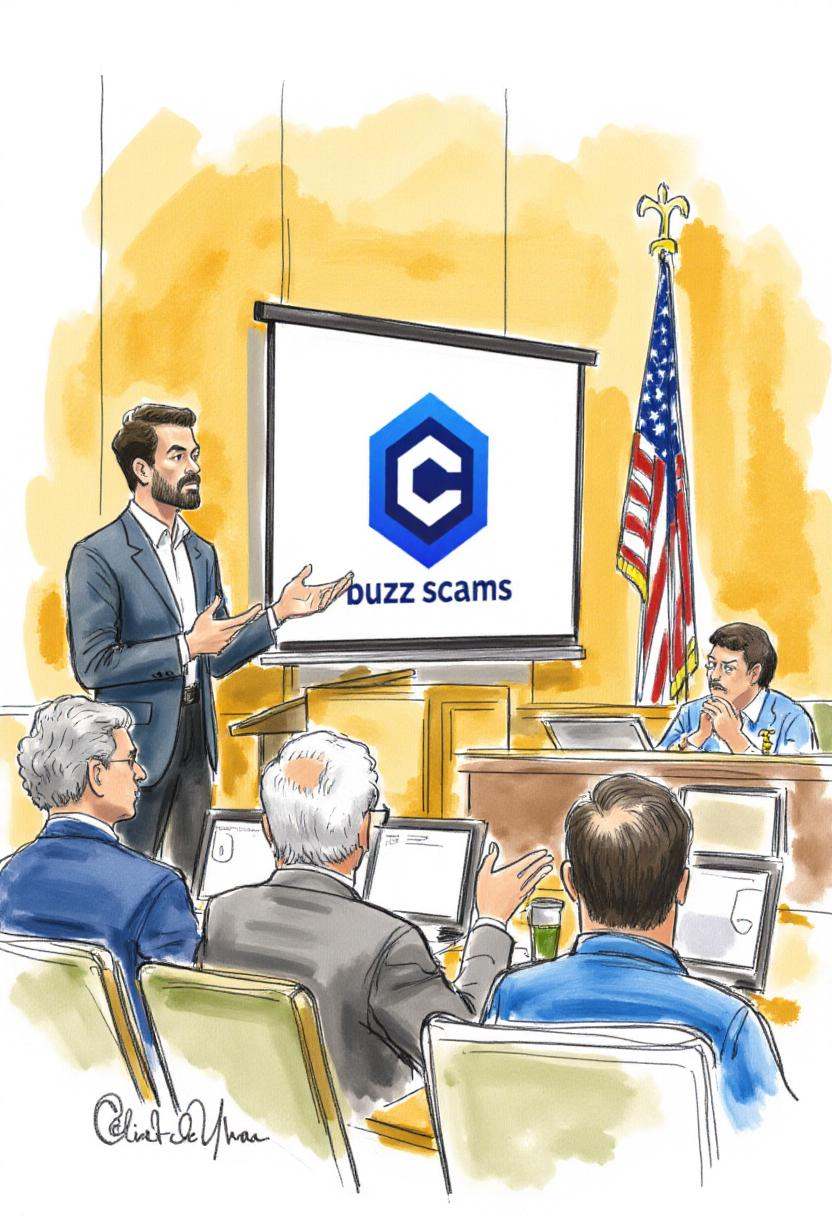 This is a detailed,  hand-drawn courtroom scene in a sketchy,  watercolor style depicting a man giving a presentation in a...