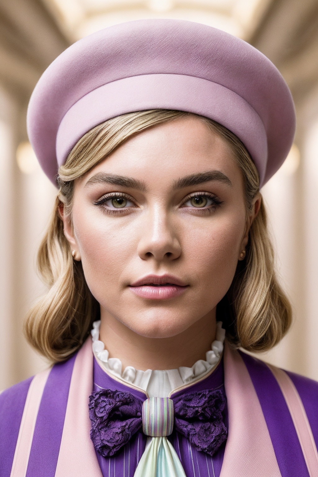 FlorenceP_SoloTI_v1,  (In a vintage,  elegant bellhop uniform with impeccable detailing and a charming hat on Tensor.Art