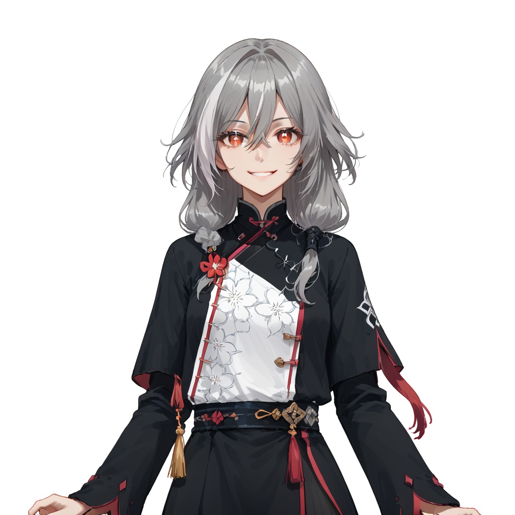 (white background:1.2),looking at viewer,(SOLO:1.4),outline,simple background,upper body, cowboy shot,looking at viewer,(((arms at side))),  fu hua,senti, long hair, bangs, hair ornament, red eyes, hair between eyes, smile, multicolored hair, streaked hair, white hair, gray hair, yellow pupils, diamond shaped pupilscross-laced footwear,boots,tassel,wide sleeves,long sleeves,long skirt,jewelry,hair ornament,floral print,black skirt,<lora:银冬雪取-senti:0.8>
