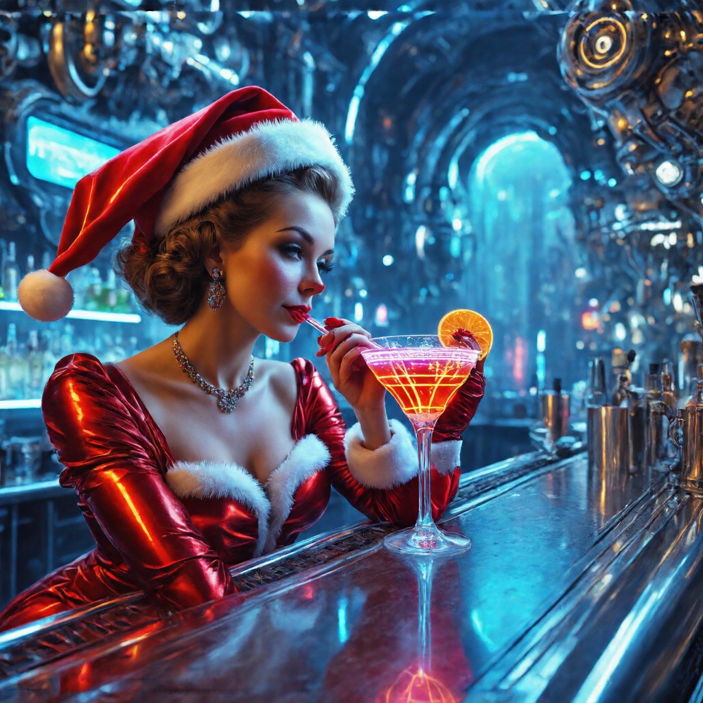 Digixmas. Low-lit,  neon-drenched bar scene: Mrs. Claus,  resplendent in her Santa-inspired attire on Tensor.Art