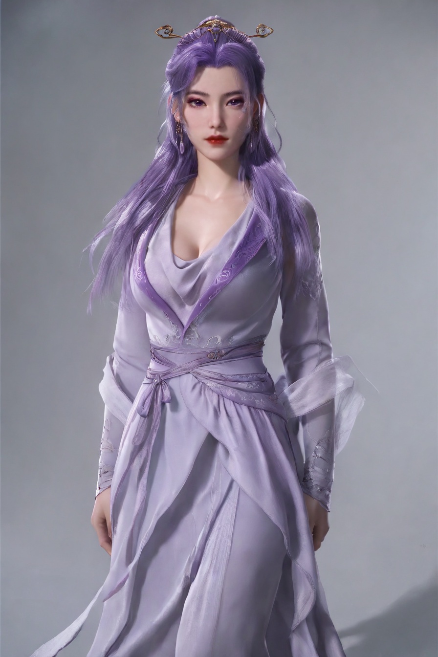 score_9,score_8_up,score_7_up,incredibly absurdres,<lora:SF_YunXiao_Pony-000005:0.8>,1girl,solo,standing,dress,purple hair,breasts,large breasts,red lips,jewelry,hair ornament,earring,looking at viewer,white background,