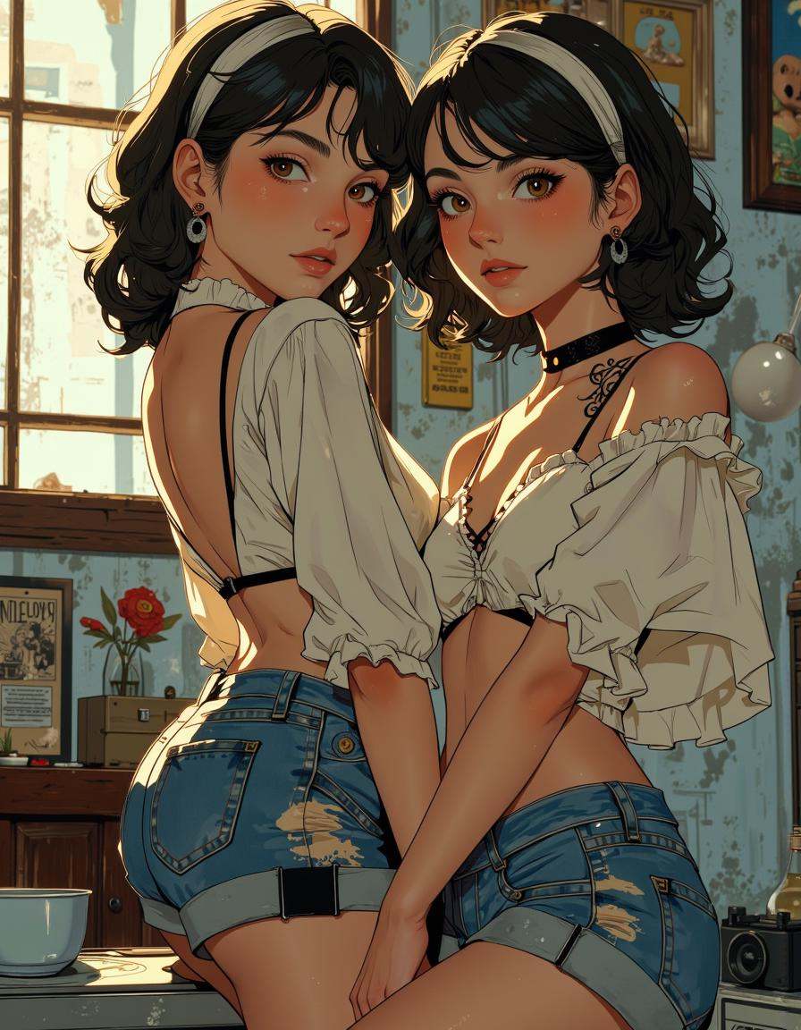 Anime style.2girls,  v ,  shorts on Tensor.Art