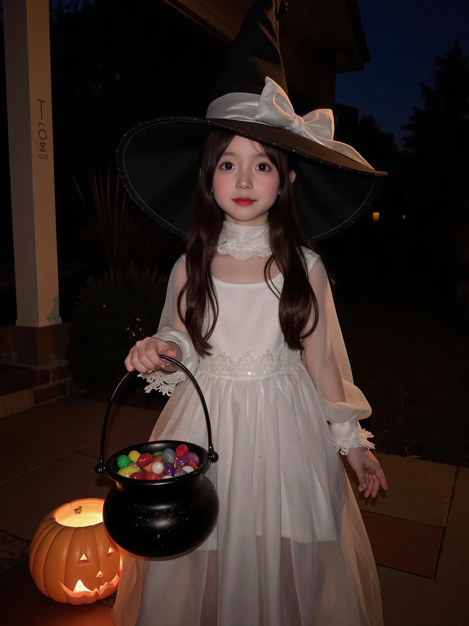无,A darkened porch,lit only by a flickering jack-o'-lantern's warm glow,sets the eerie scene as a sweet young girl,dressed in a flowing white costume and matching witch hat. Her eyes sparkle with mischief as she holds out a candy-filled cauldron.,