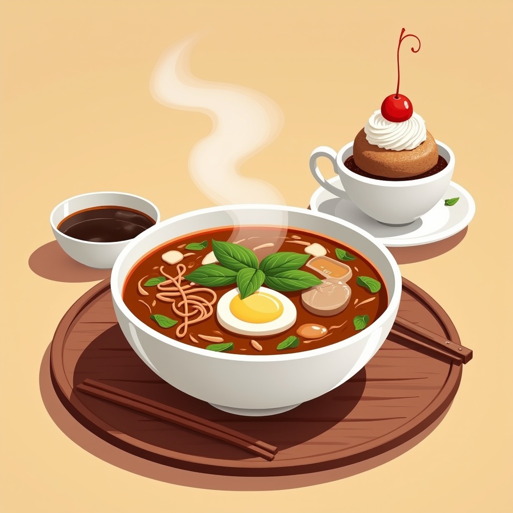 illustation,  A delightful meal scene featuring a bowl of pho,  coffee with ice and cream on top. on Tensor.Art