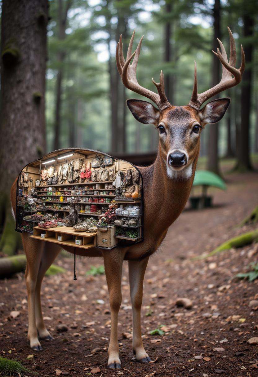 A deer standing in a forest clearing. Photoshopped onto its side is a hunting supply store showcasing antlers and camoufla...