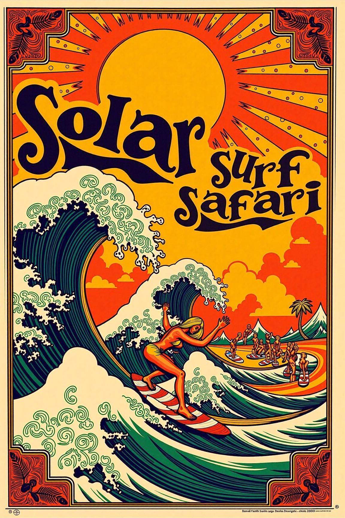 psypop,  70s psychedelic style poster of a "Solar Surf Safari" psychedelic 1970s pop art poster,  vibrant surfers riding s...