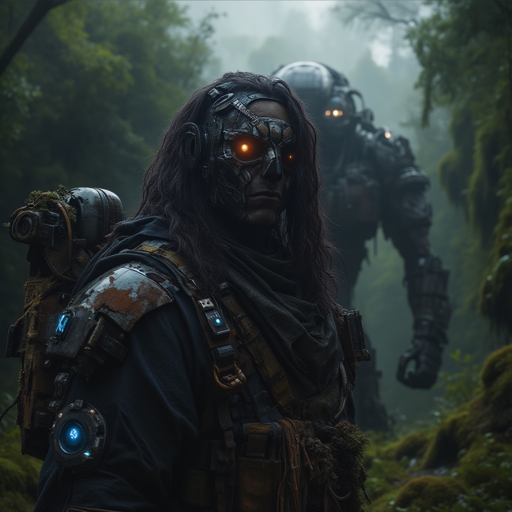 "A post-apocalyptic warrior standing in a dense,  overgrown forest,  wearing tattered tactical gear mixed with cybernetic...