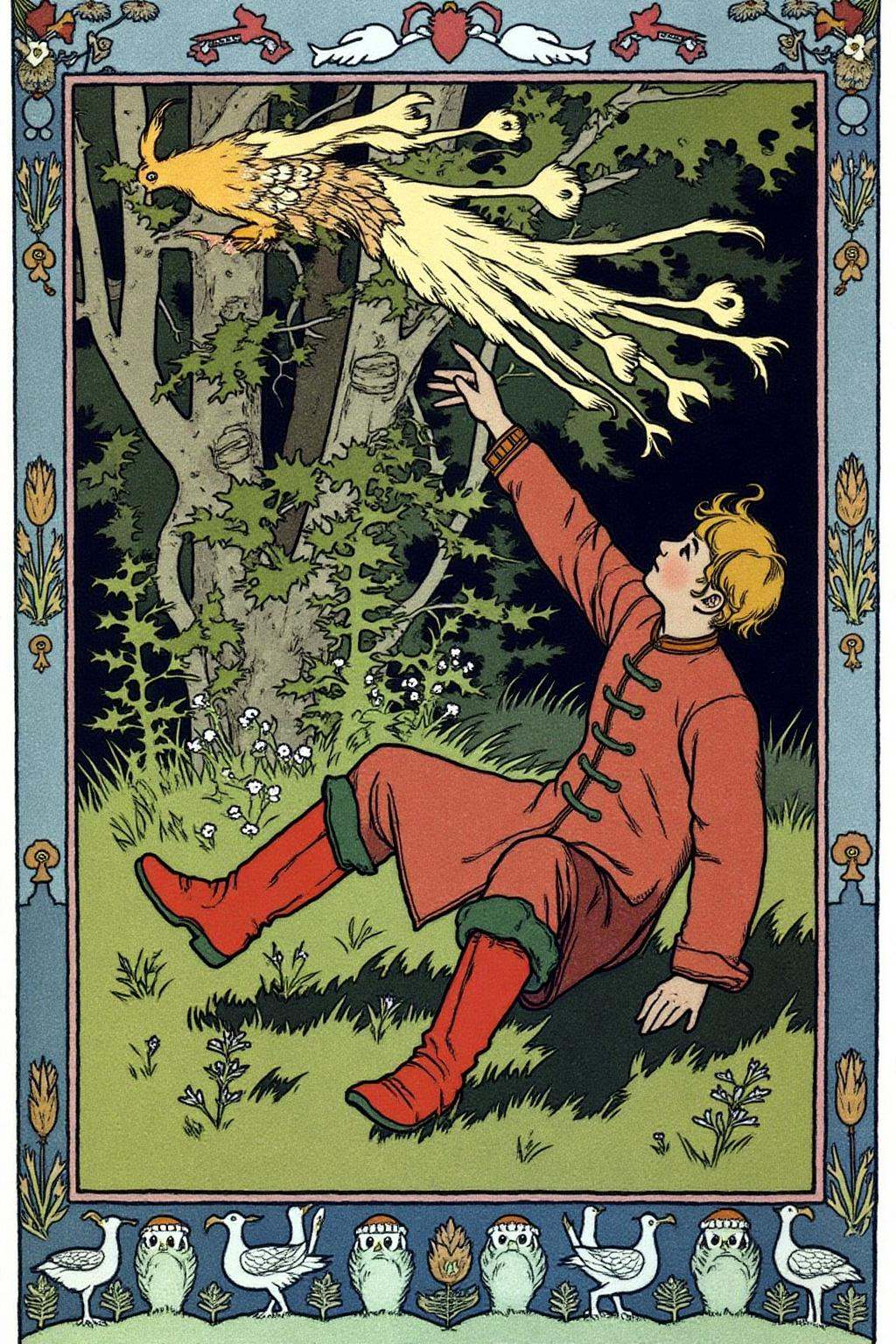 ivanbilibin1 illustration. A young man sits on the grass on the right side,  surrounded by green grass with small flowers....