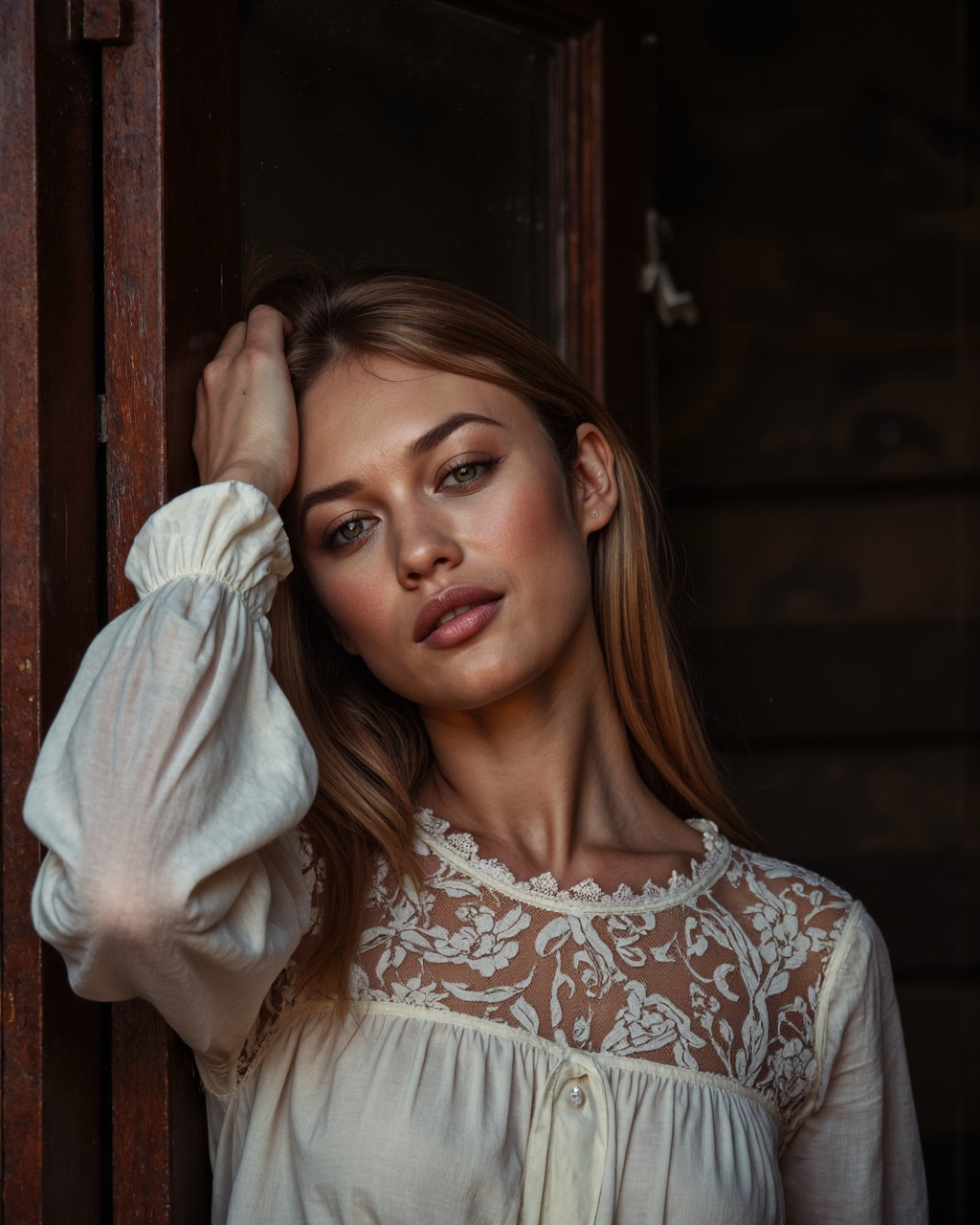olga_kurylenko with a light skin tone,  standing in a dimly lit,  rustic setting. She has long on Tensor.Art