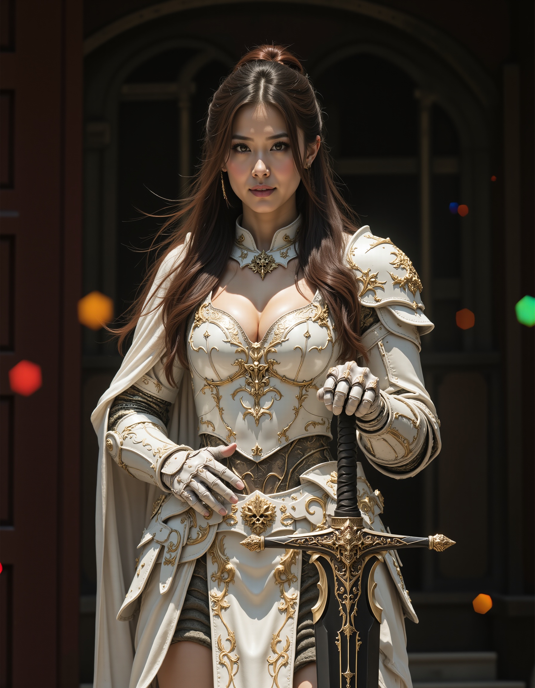 a woman standing along with full white armor,  show breasts,  cleavage on Tensor.Art