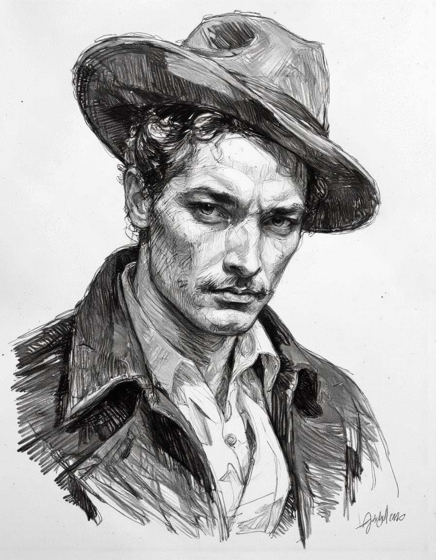 This is a highly detailed,  black-and-white drawing of a man,  rendered in a semi-realistic on Tensor.Art