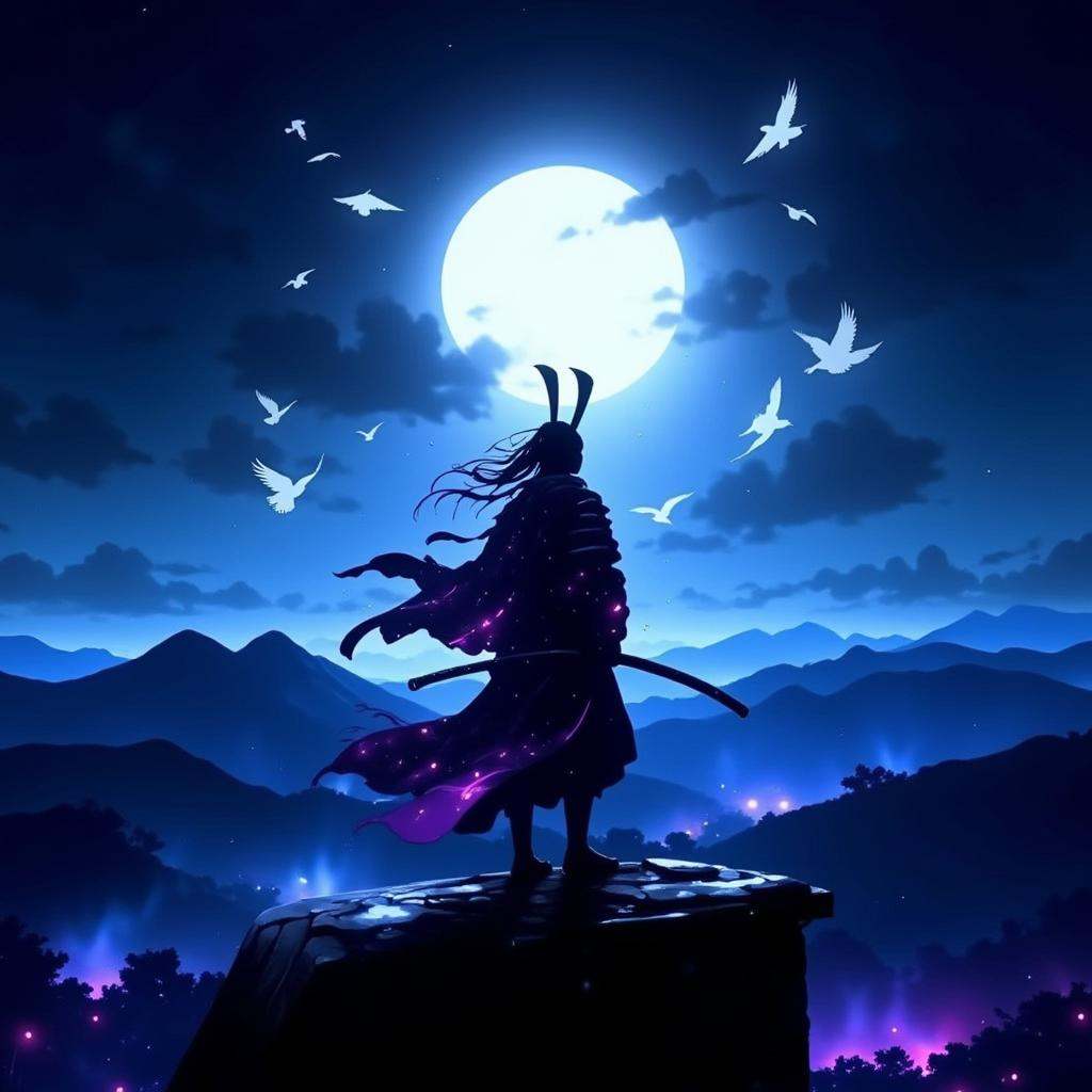 3pic_vist4,  anime_martz,  dark silhouette of a samurai standing on a rooftop under a large on Tensor.Art
