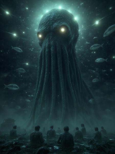 Real Horror Style,  An underwater scene in a murky,  dark ocean. Schools of strange on Tensor.Art