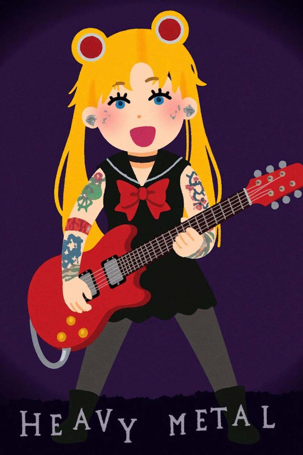 irasutoya1 illustration. Punk sailor moon playing a guitar at a heavy metal mosh pit,  tattoos,  piercing. on Tensor.Art