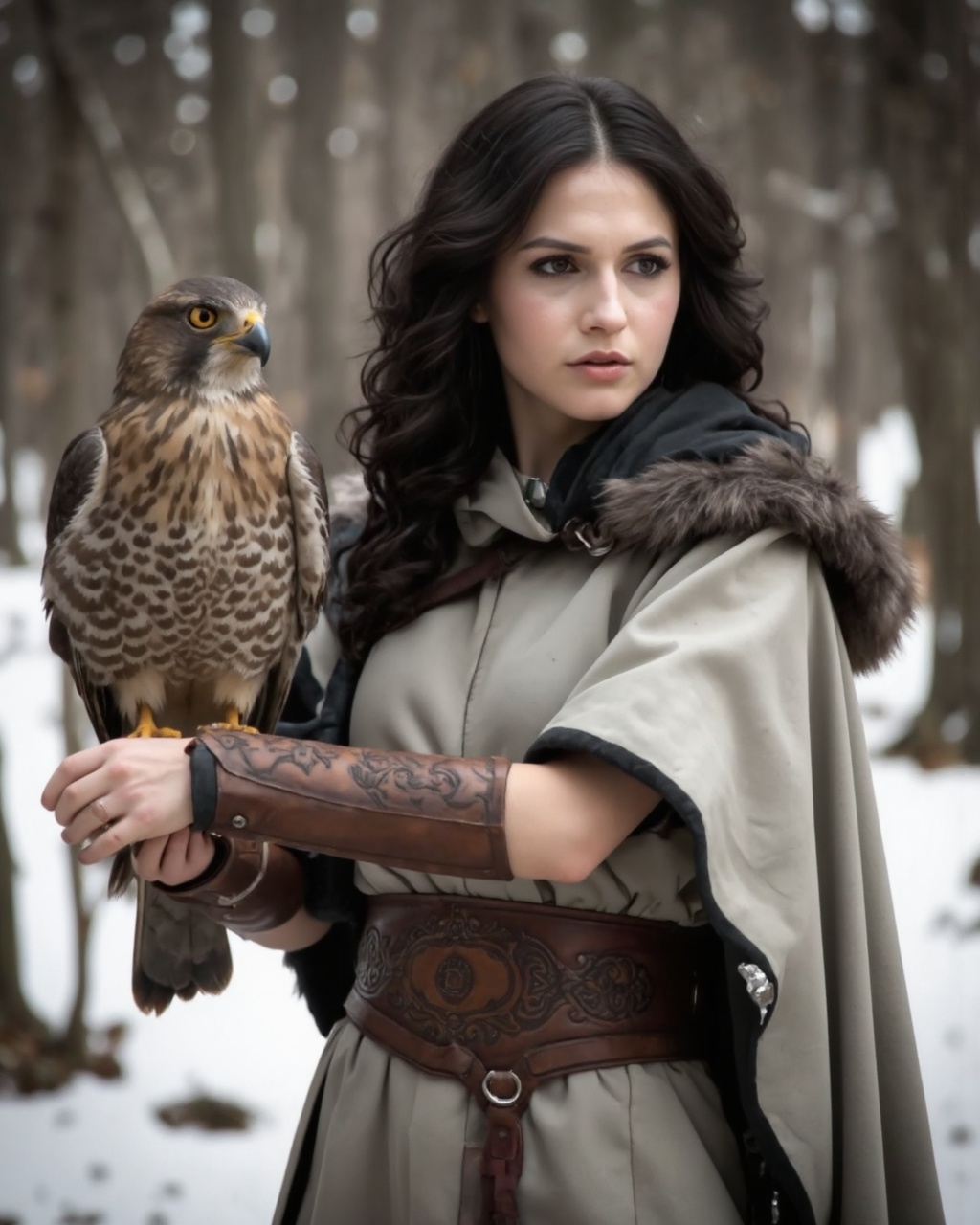 A portrait of erin_sanders in a forest,  captured in a side profile. She wears a light-colored,  fur-lined cloak and a lea...