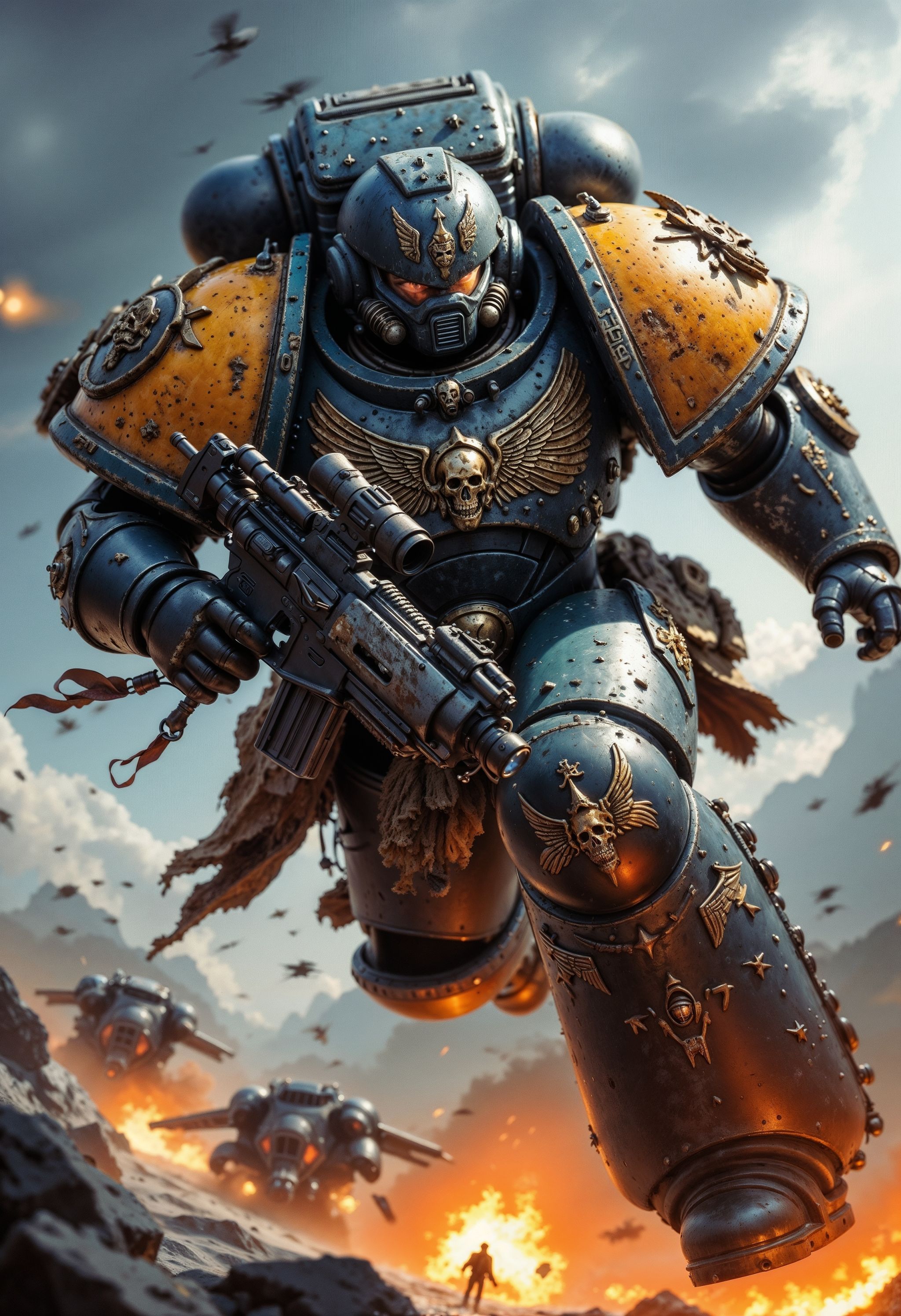 SpaceW40K,  large space marine jumping from a plane while holding a machine gun,  wearing a full helmet on Tensor.Art