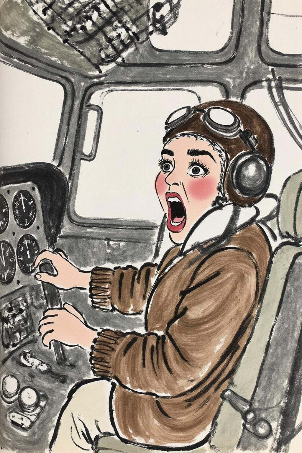 qbs1 ink wash painting A female pilot screaming inside the cockpit of a World War II bomber. The pilot,  wearing a vintage...