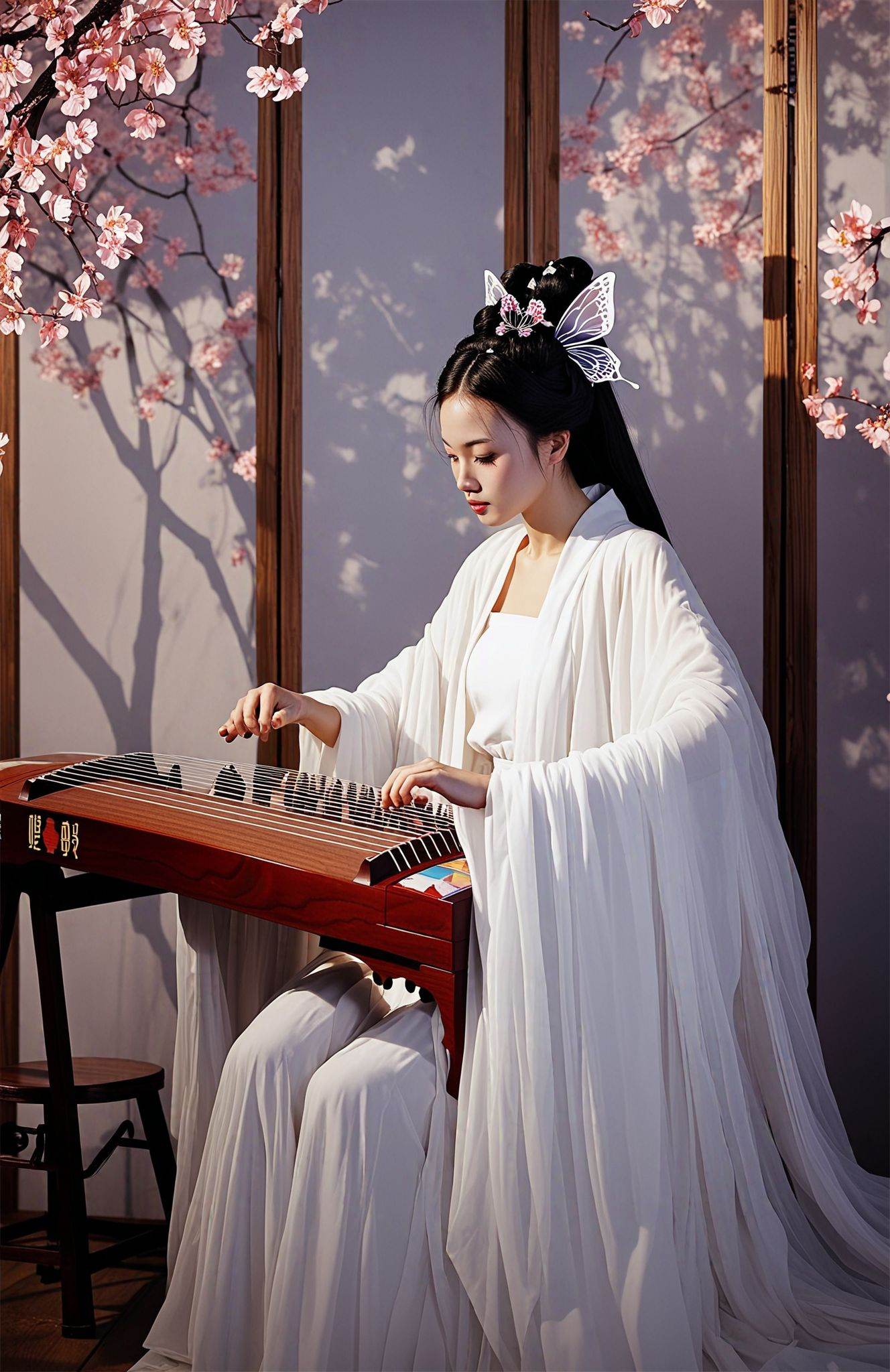 score_9,score_8_up,score_7_up,score_6_up,score_5_up,(chinese zither:1.2),In a serene,mist-enshrouded setting,a graceful figure adorned in traditional white attire delicately strums a Chinese zither resting on a wooden stand. Her hair,elegantly styled with classical tassels,complements the ethereal backdrop of a delicate lattice screen,painted blossoms,and fluttering butterflies,evoking a sense of timeless tranquility.,