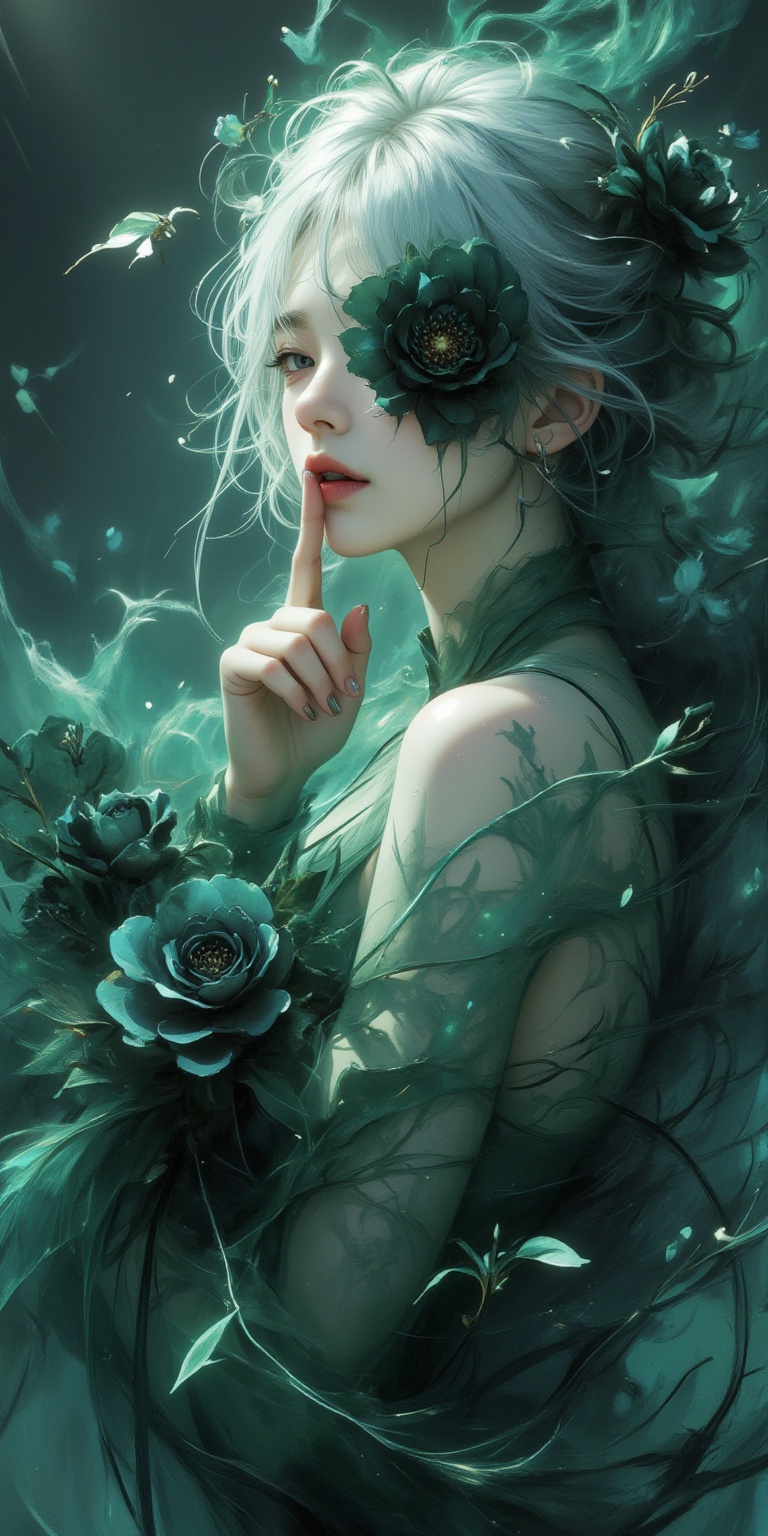 watercolor style,An Acrylic style painting that is expressive,gives it a dynamic and emotional quality. Anime art of a stylized portrait of a woman with a ethereal black and green mist surrounding her body. The mist creates a dramatic and surreal effect. A black flower,that is blooming,covering one eye,attached to the face. The woman has a cold aesthetic,complimented by her white hair. Anime art of woman draped in shadows with a lighting that enhances her unique features. The background is dark green,filled with black rose petals. Holding finger to lips,shush,shushing motion,.,Winslow Homer style,
