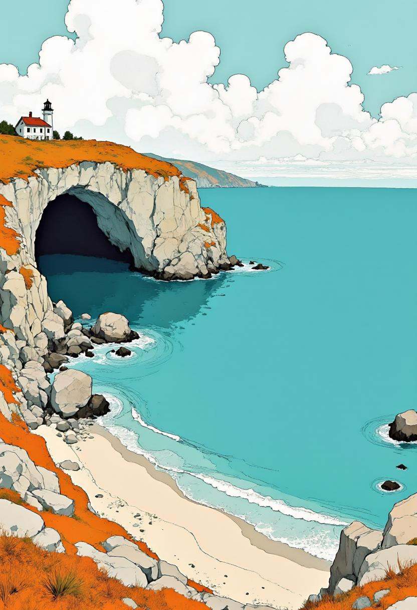 A digital illustration featuring a coastal cliffs. The focal point of the image is the ocean,  which is a deep blue-green...