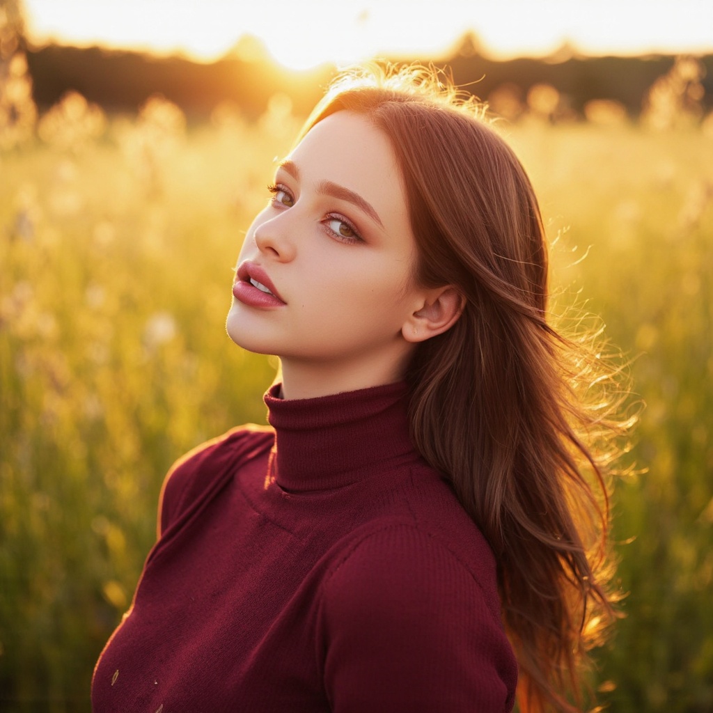 A portrait of dasha_taran in a field of tall,  golden grass illuminated by the golden light of the setting sun. She has lo...