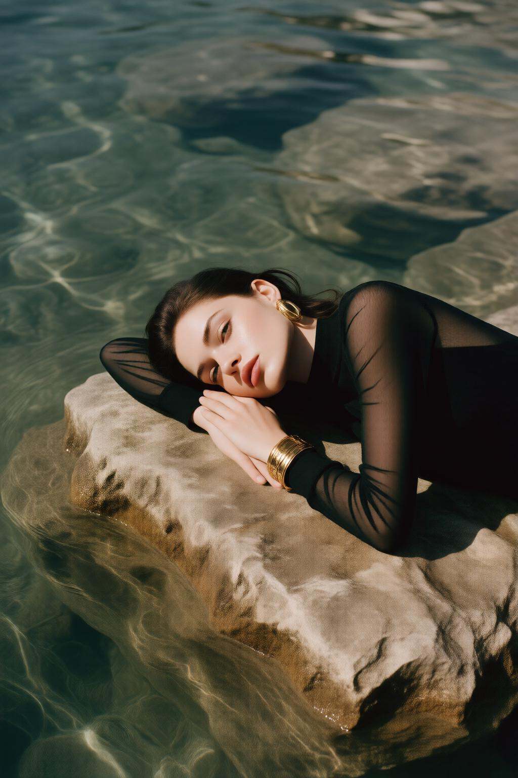 midjourneyhighangle13q High angle view.A woman lying on a large rock by the water's edge. She is wearing a black,  sheer l...