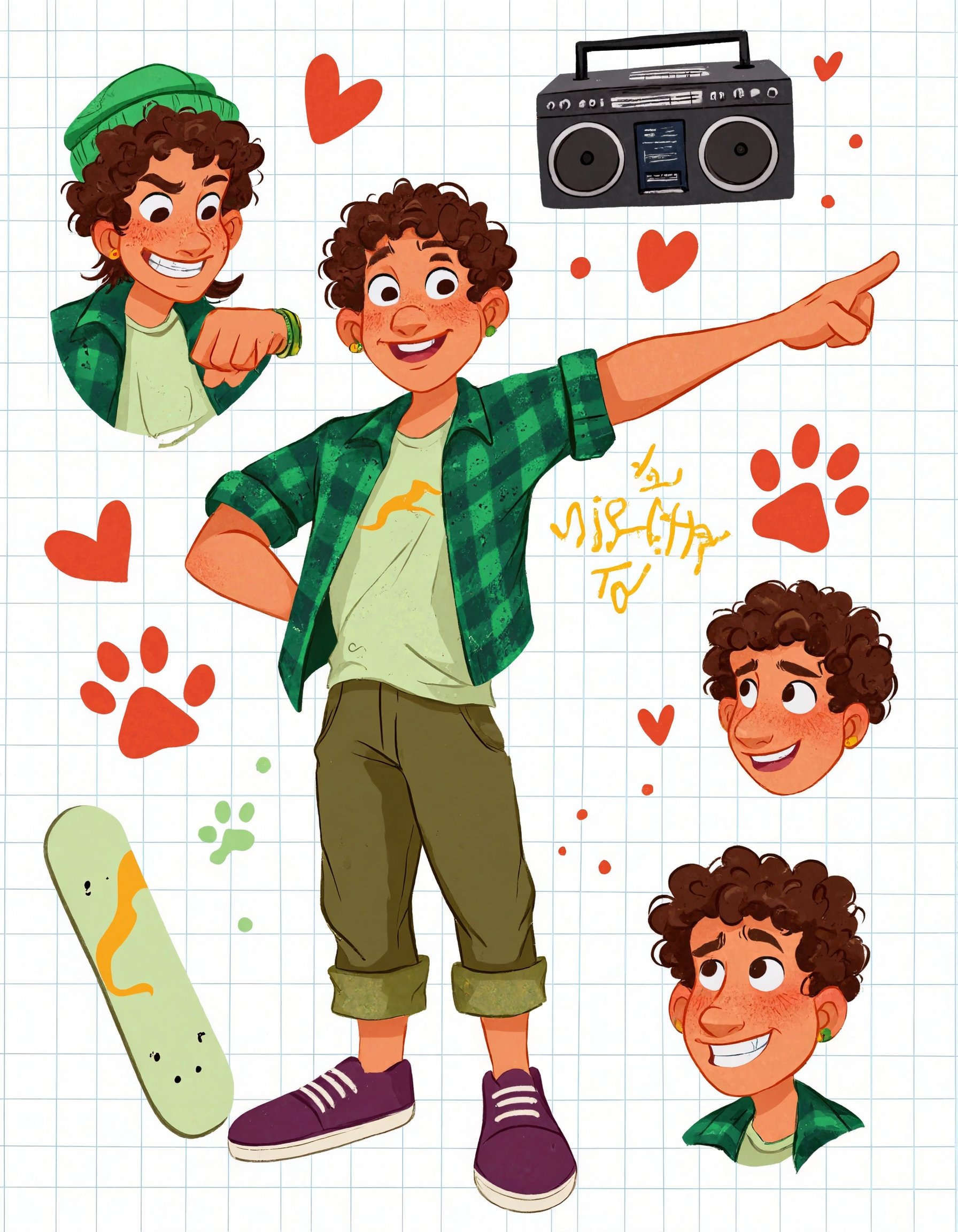 This is a high-quality,  digital illustration featuring a cheerful young man with curly brown hair,  wearing a green beani...