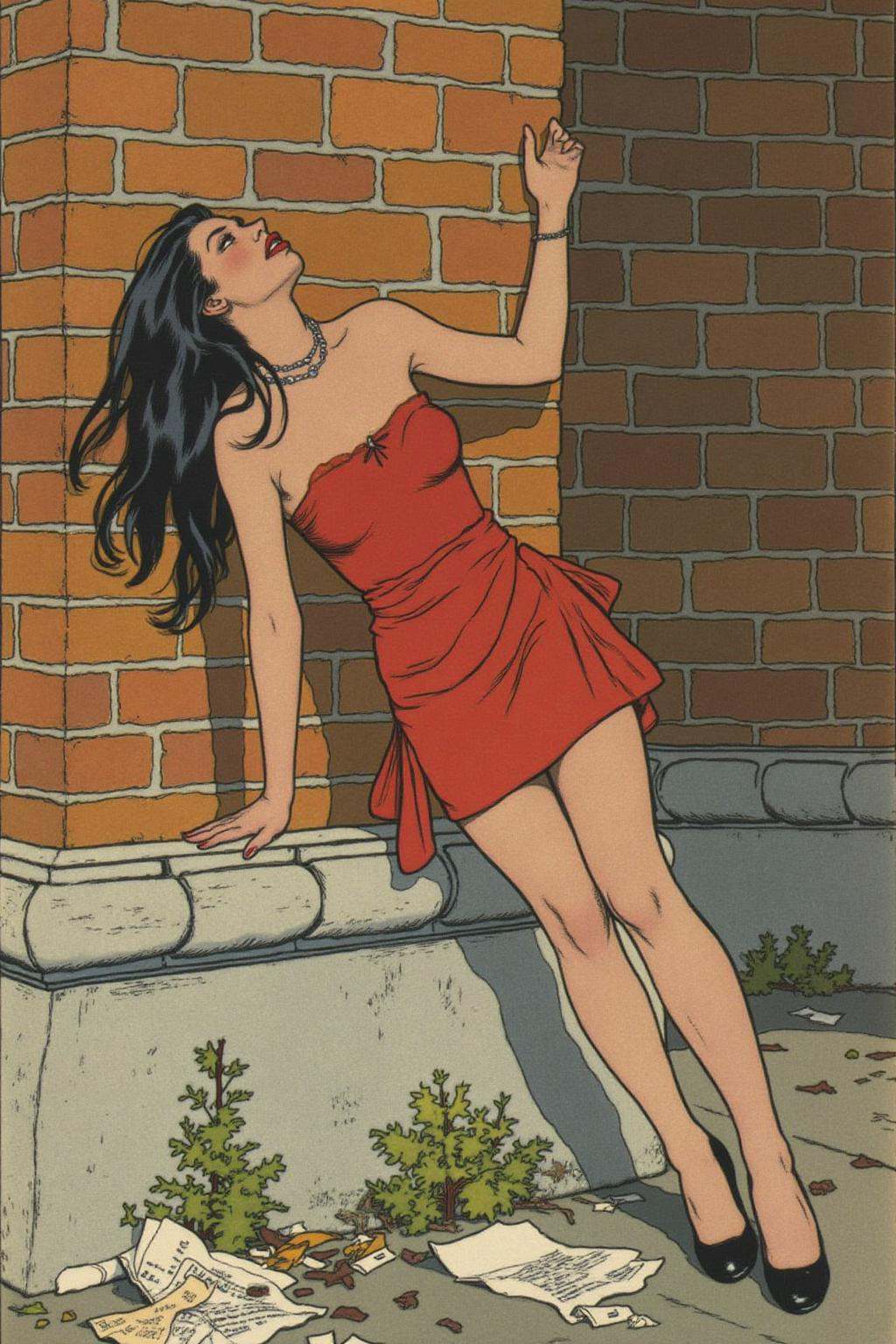 ivanbilibin1 illustration. A woman leaning against a brick wall,  set in an urban environment. She has long black hair flo...