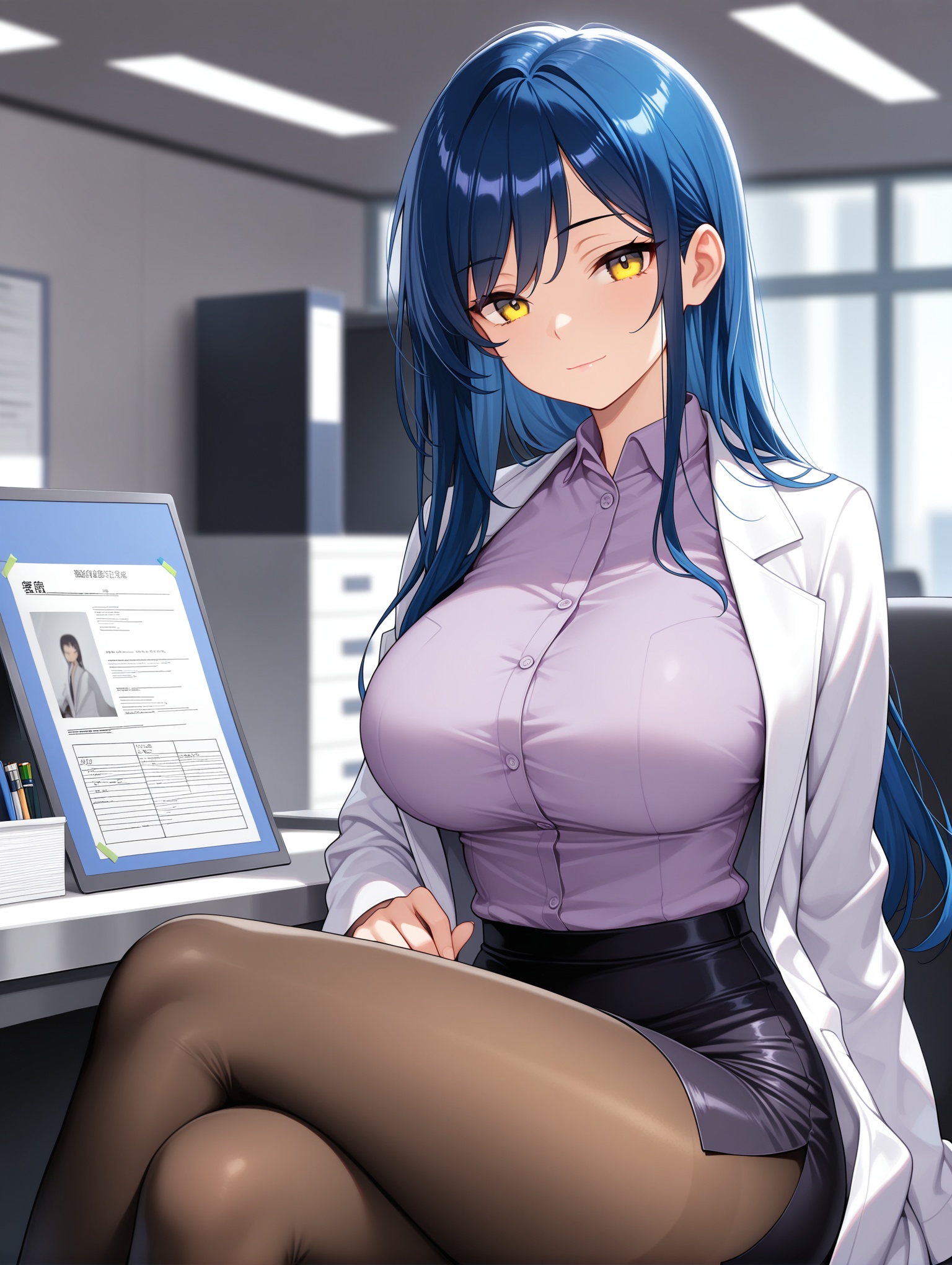 1girl, yellow eyes, blue hair, long hair, pantyhose, pencil skirt, labcoat,breasts, large breasts,side slit, black miniskirt, light purple shirt,closed mouth, light smile, sitting, crossed legs, looking at viewer, blurry background, indoors, office,masterpiece,best quality,amazing quality,