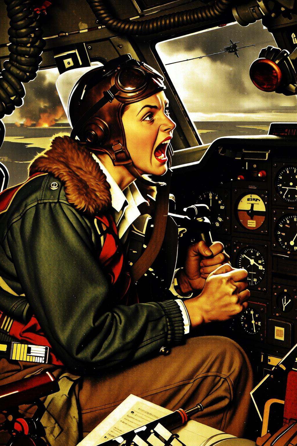normanrockwell2q illustration. A female pilot screaming inside the cockpit of a World War II bomber. The pilot,  wearing a...