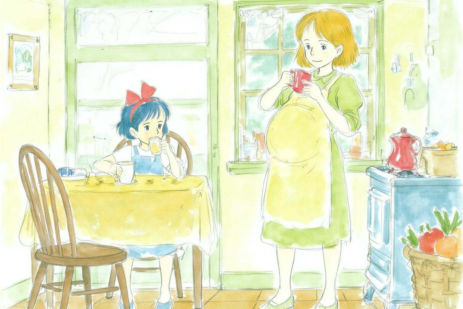 hayaomiyazaki2 illustration. A sunny kitchen scene with a young girl,  and a pregnant blonde woman. On the left is a young...
