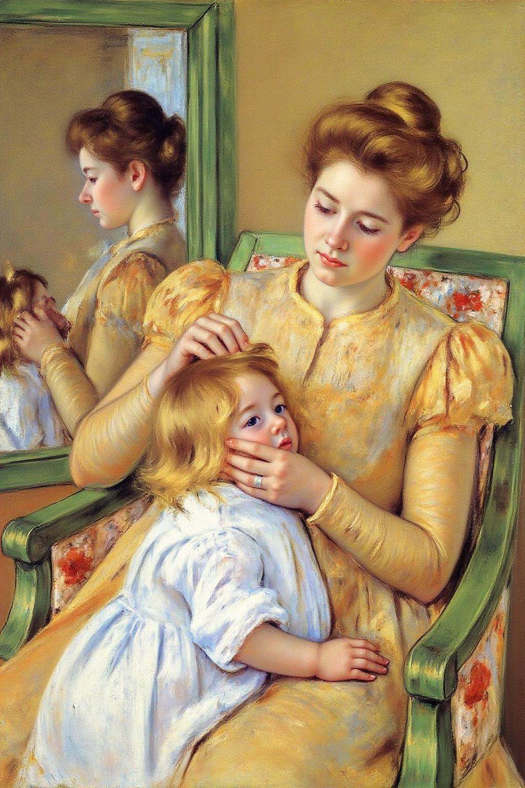 marycassatt1 painting.A tender moment between a woman and a child. The woman,  with curly,  light brown hair styled in a l...