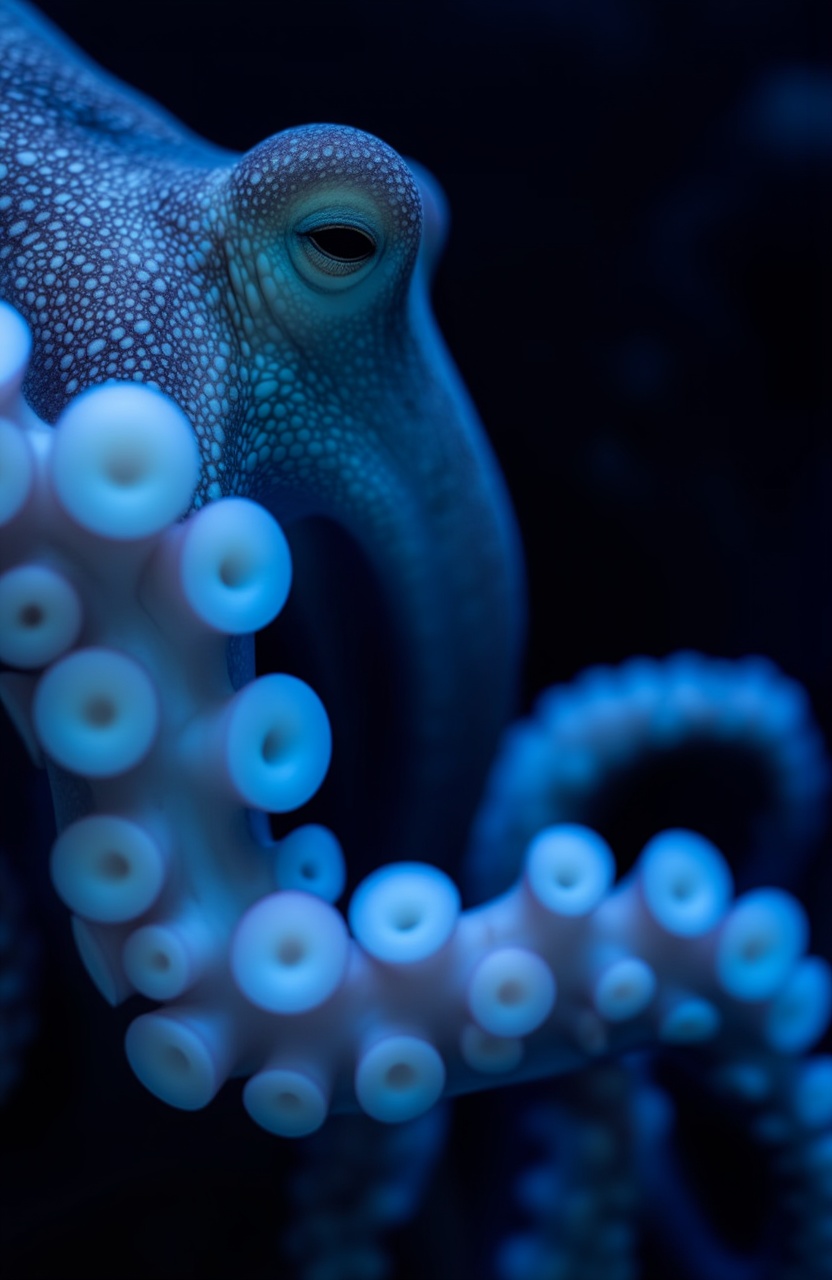 Close-up photograph of a large octopus revealing a row of white suction cups on its tentacles. The octopus's skin is textu...